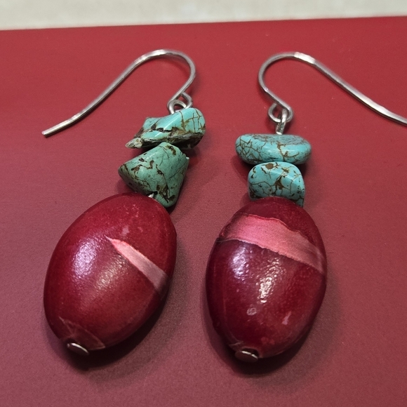 Vintage Red Bead and Turquoise Dangle Earrings Inclued Extra 925 Silver Hooks - Picture 11 of 17
